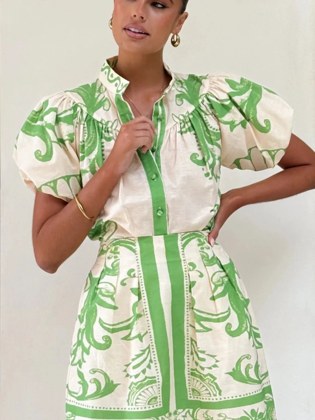 Puff Sleeve Printed Top and Zip Back Skirt Set - Ladyez