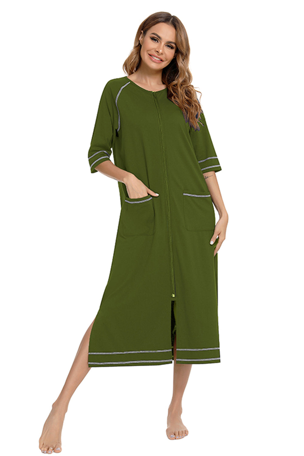 Zip Up Slit Round Neck Night Dress with Pockets - Ladyez