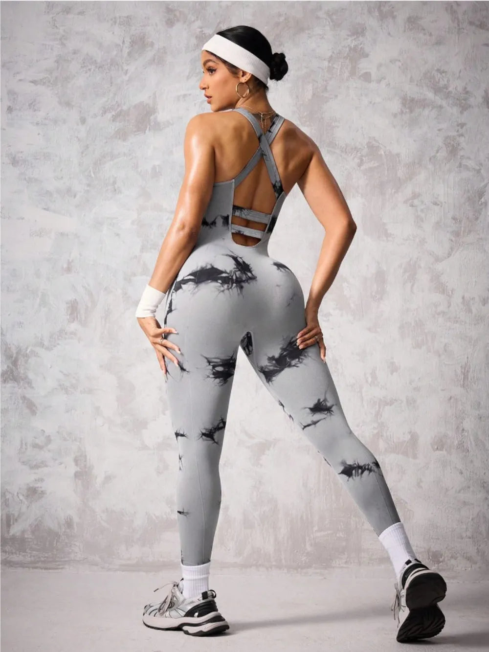 Back Crisscross Tie-Dye Scoop Neck Active Jumpsuit - Ladyez