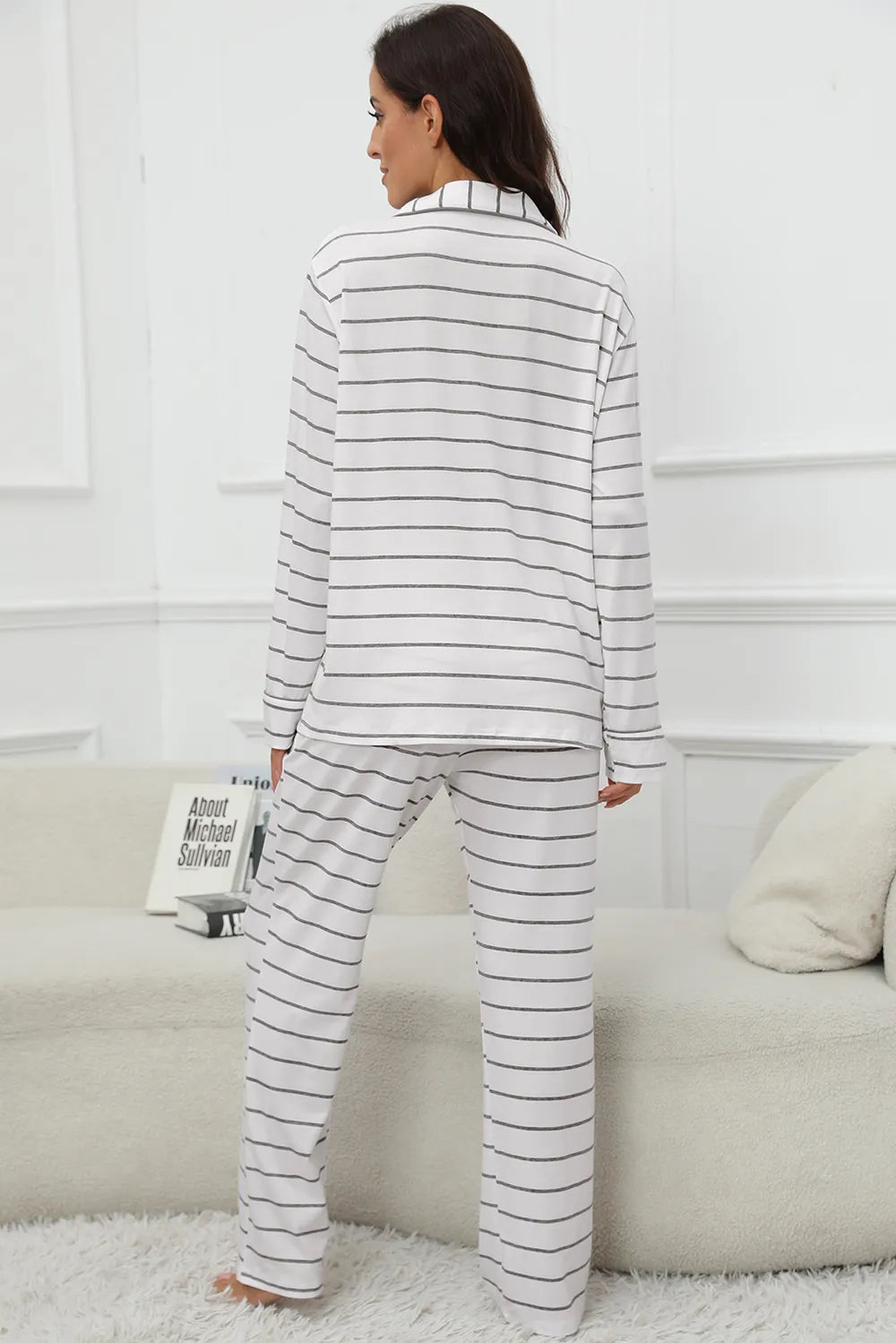 Striped V-Neck Long Sleeve Top and Pants Lounge Set - Ladyez