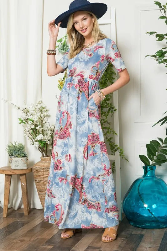 Celeste Full Size Paisley Print Short Sleeve Maxi Dress with Pockets Plus Size - Ladyez