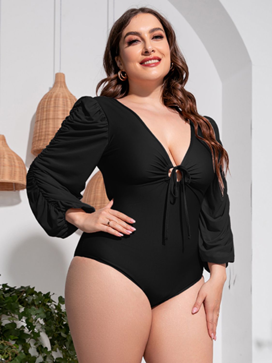 Plus Size Tied Deep V Balloon Sleeve One-Piece Swimsuit - Ladyez