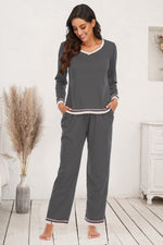 V-Neck Top and Pants Lounge Set - Ladyez