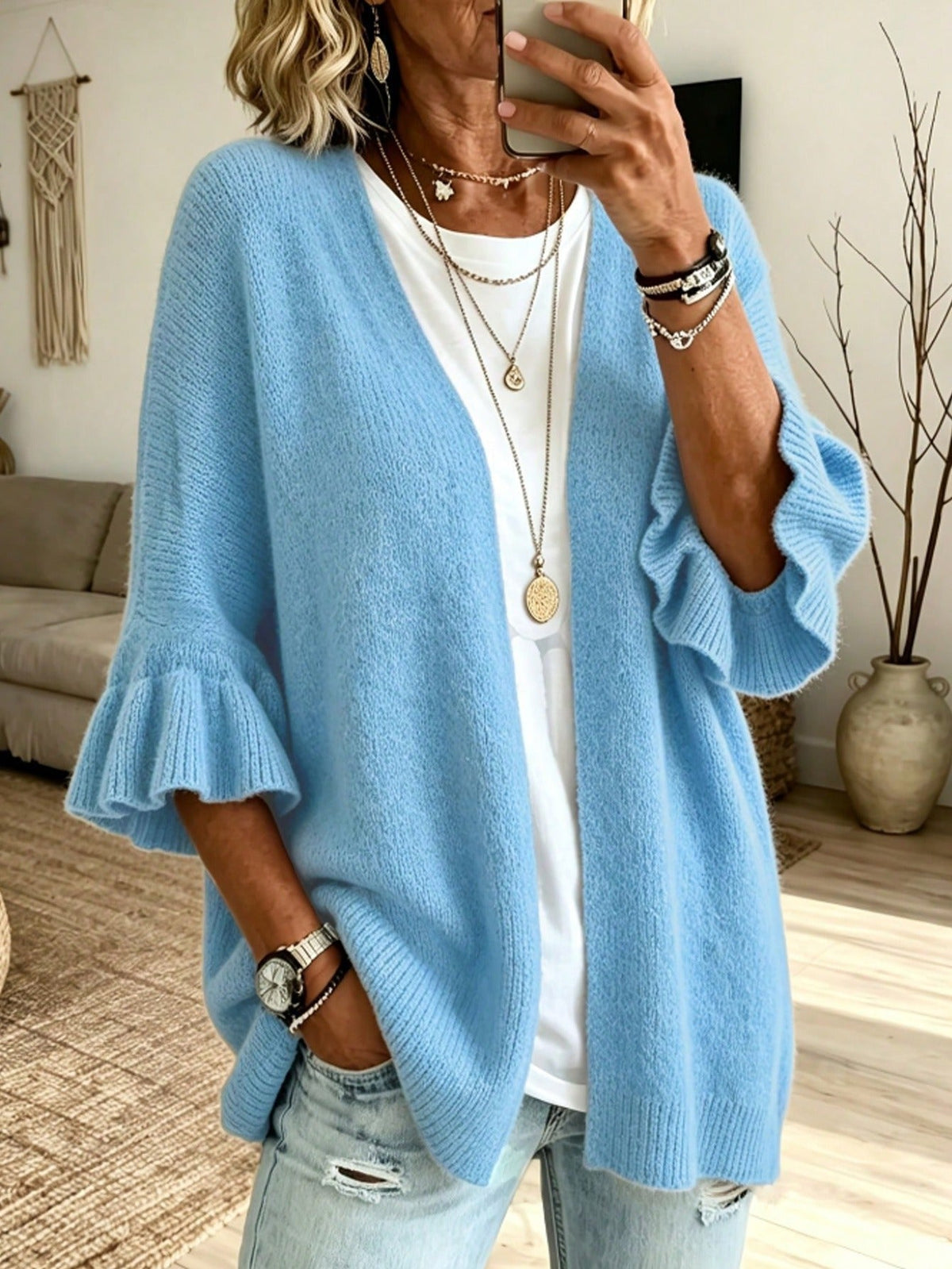 Full Size Ruffle Sleeve Open-Front Cardigan Plus Size