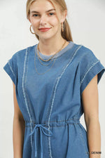 Umgee Drawstring Waist Frayed Denim Mini Dress