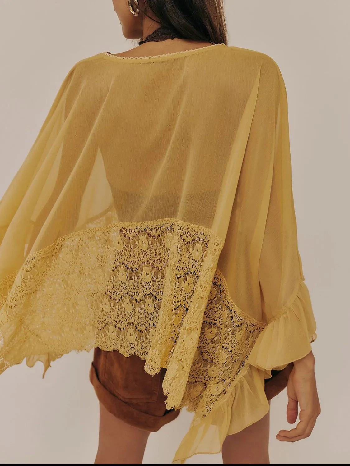 Lace V-Neck Ruffle Long Sleeve Cover-Up - Ladyez