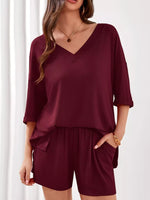 Casual Solid Color V-Neck Top & Shorts Set