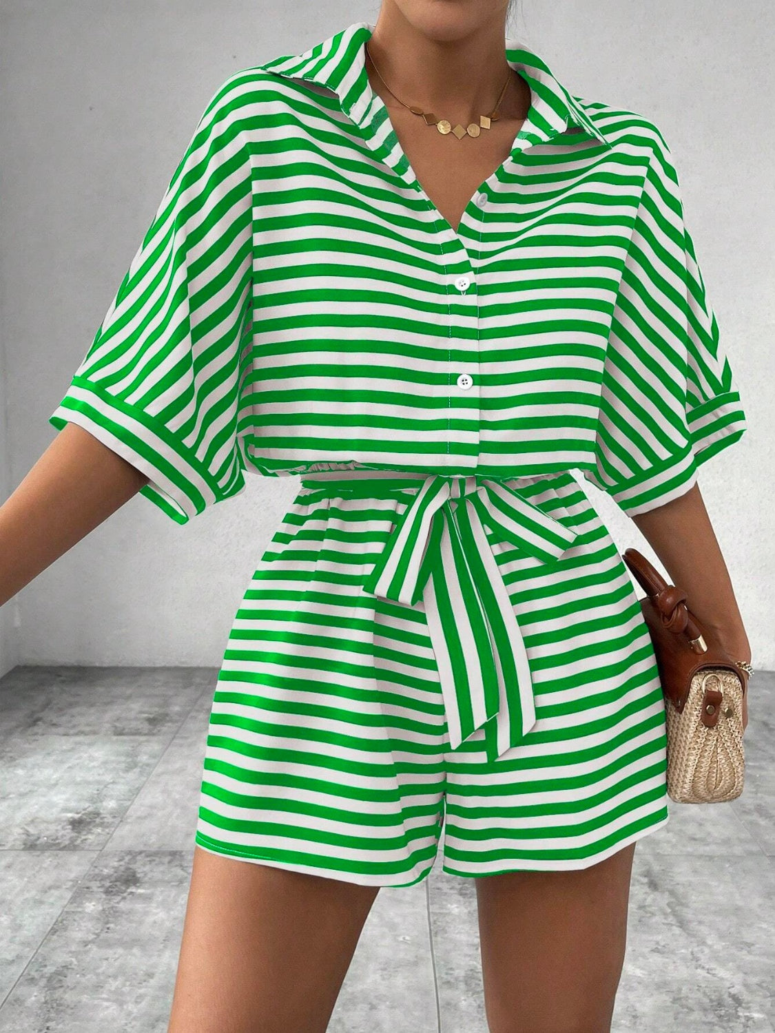 Tie Waist Half Button Striped Romper - Ladyez