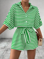 Tie Waist Half Button Striped Romper - Ladyez