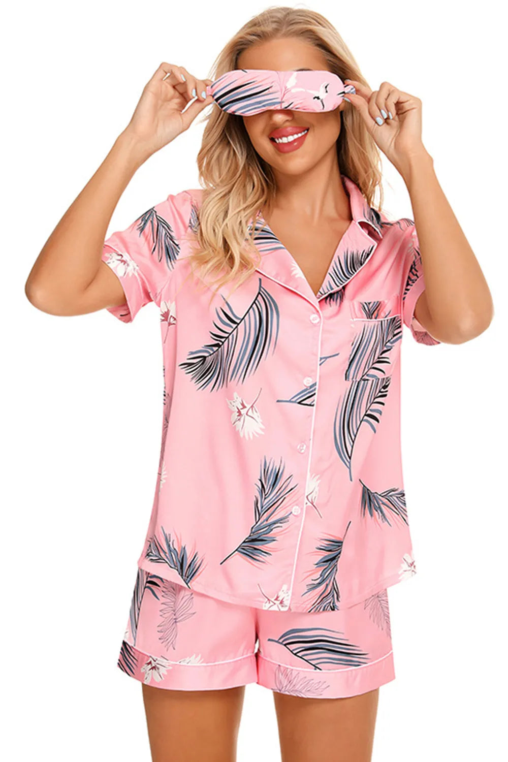 Printed Button Up Short Sleeve Top and Shorts Lounge Set - Ladyez