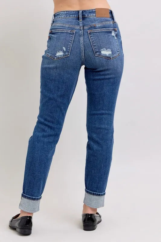 Judy Blue Full Size Mid Rise Boyfriend destroy Jeans with Yoke Pockets and Faux Selvedge Cuff Plus Size - Ladyez