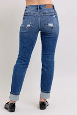 Judy Blue Full Size Mid Rise Boyfriend destroy Jeans with Yoke Pockets and Faux Selvedge Cuff Plus Size - Ladyez