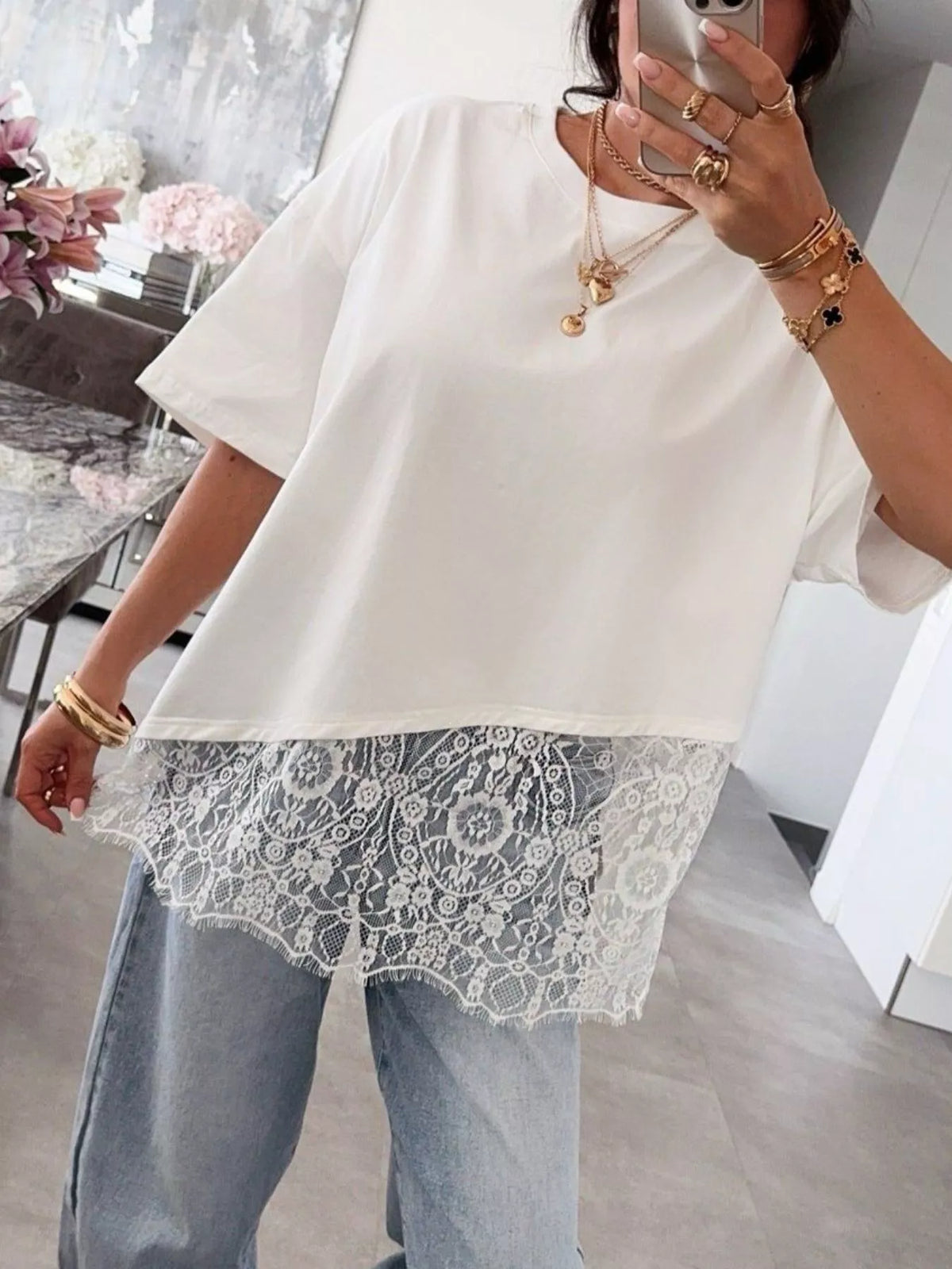 Lace Hem Short Sleeve Top