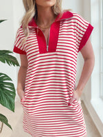 Stripe Quarter Zip Polo Collar T Shirt Dress with Pockets