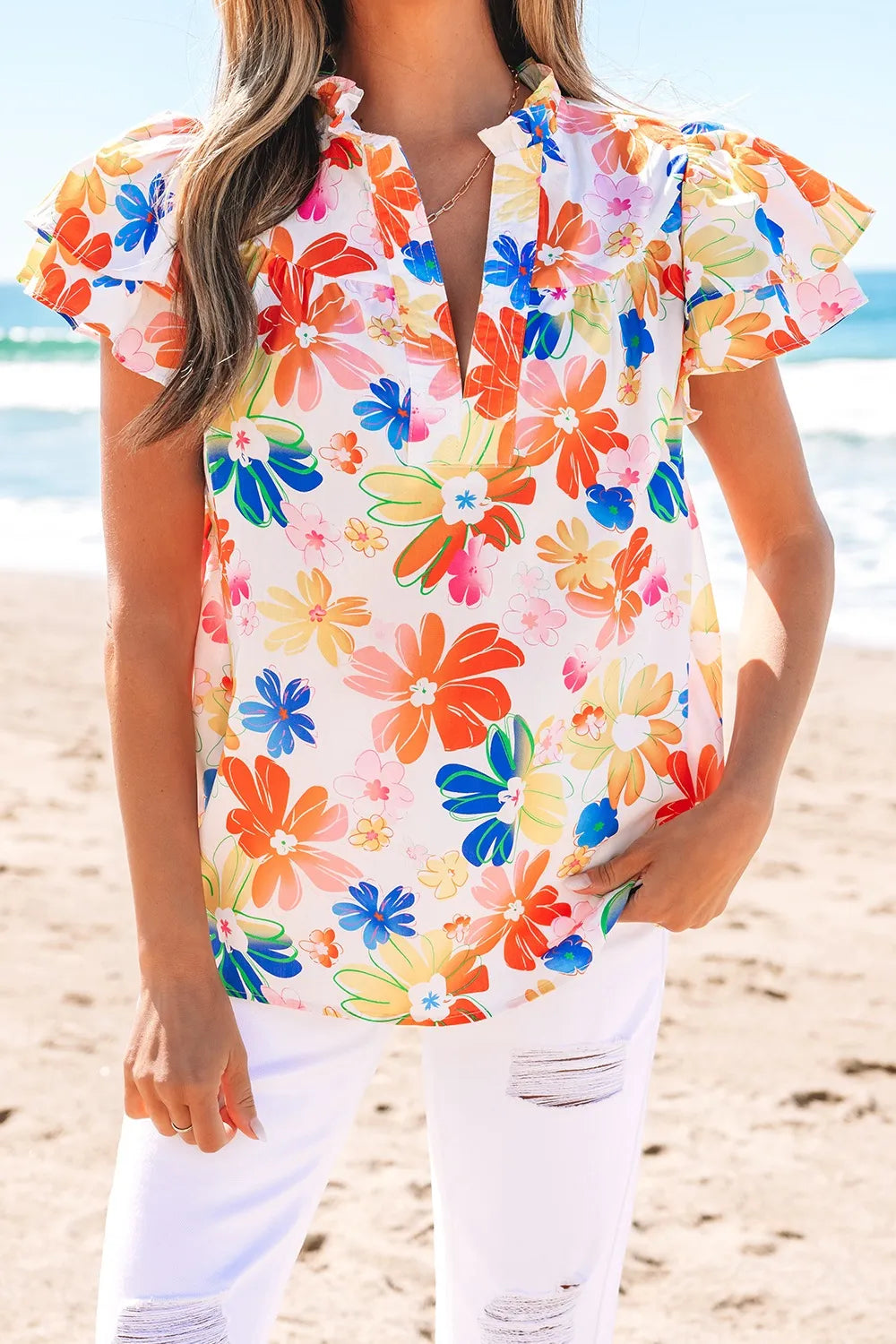 Ruffled Printed Notched Cap Sleeve Blouse