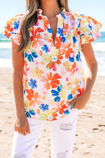 Ruffled Printed Notched Cap Sleeve Blouse