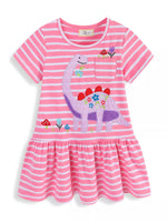 Children's Striped Dinosaur Embroidered Casual Dress