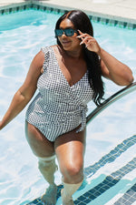 Marina West Swim Full Size Float On Ruffle Faux Wrap One-Piece in Black - Ladyez