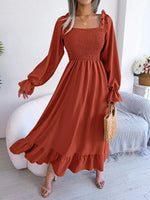 Smocked Square Neck Flounce Sleeve Dress - Ladyez