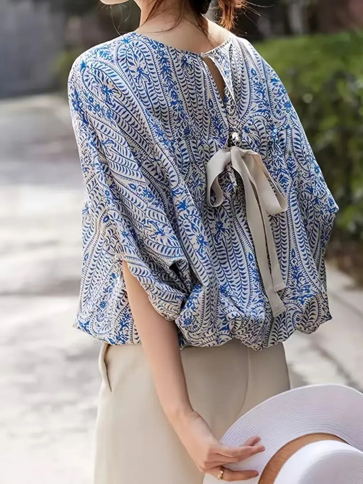 Bohemian Print Round Neck Loose Batwing Sleeve Blouse - Ladyez