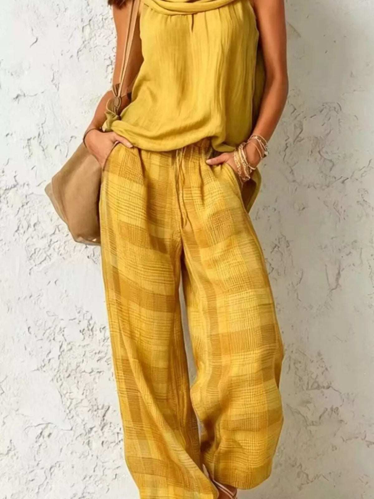 Full Size Sleeveless Cowl Neck Top and Plaid Wide-Leg Pant Two-Piece Set Plus Size
