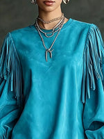 Fringe Detail Lantern Sleeve Mini Dress