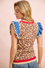 BiBi 4th Of July Leopard Ruffled Detail Knit Top