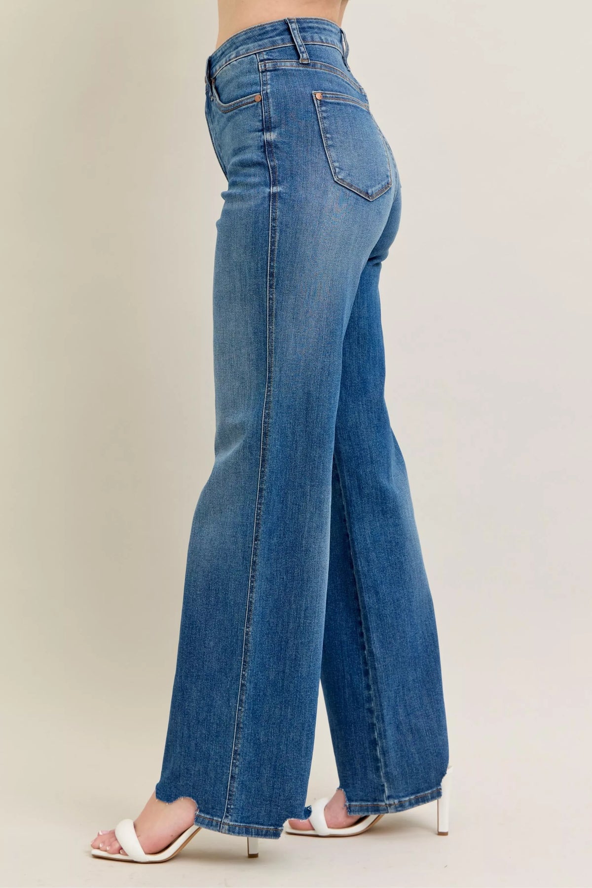 Judy Blue Full Size High Waist Tummy Control Chew Hem Destroy Wide Jeans Plus Size