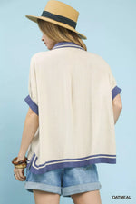 Umgee Linen Button Front Top with Contrast Piping