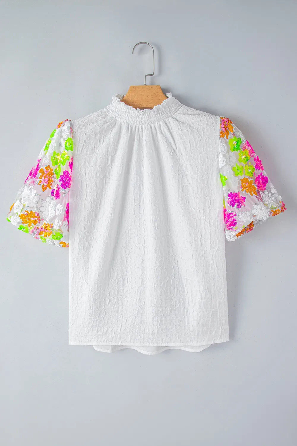 Sequin Flower Mock Neck Half Sleeve Blouse