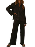 Collared Neck Long Sleeve Top and Pants Lounge Set - Ladyez