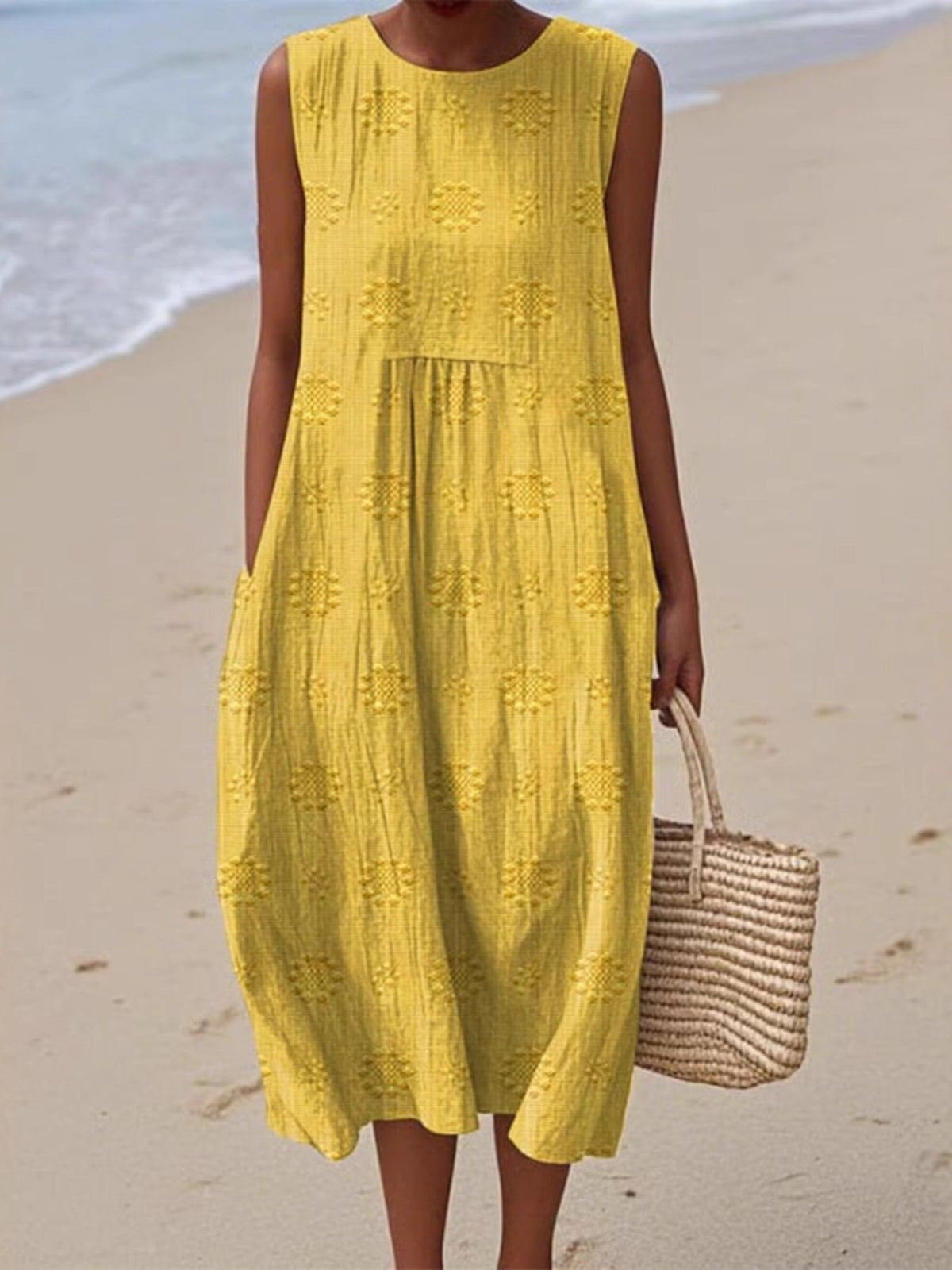 Full Size Round Neck Sleeveless Casual Midi Dress Plus Size