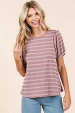 Mittoshop Contrast Striped Short Puff Sleeve Knit Top