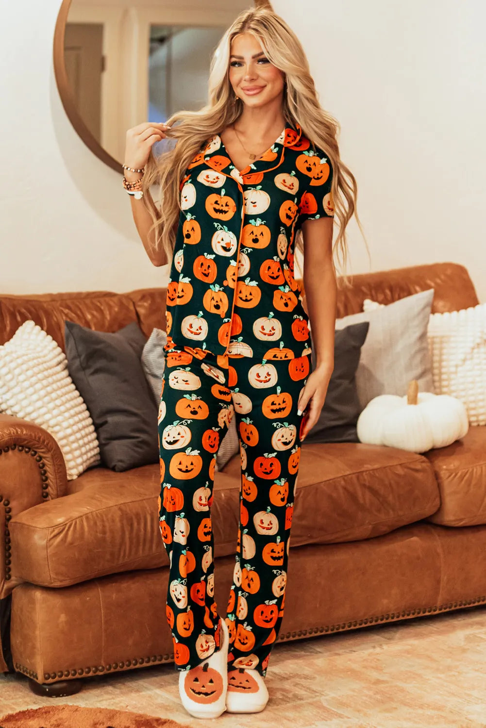 Pumpkin Printed Short Sleeve Top and Pants Lounge Set - Ladyez