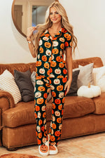 Pumpkin Printed Short Sleeve Top and Pants Lounge Set - Ladyez