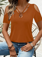 Cold Shoulder T-Shirt with Metal Ring Detail - Ladyez