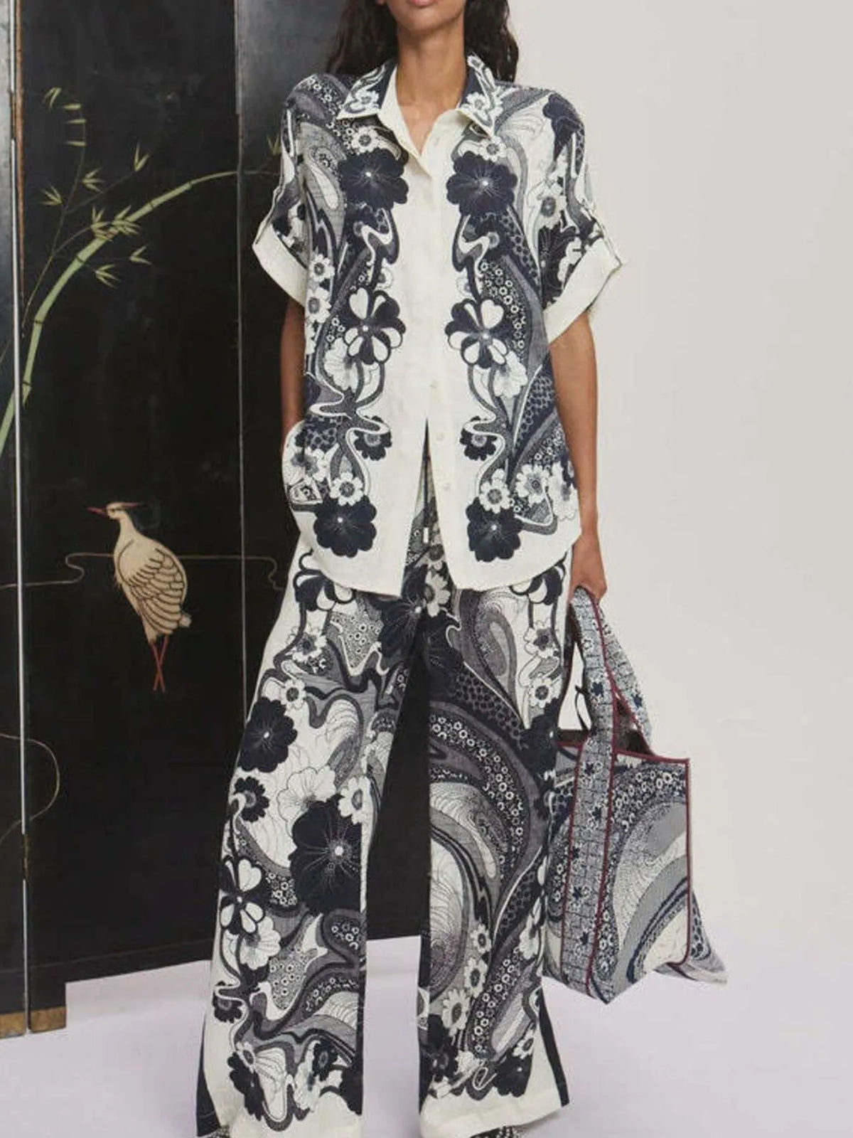 Printed Button Up Shirt and Pants Set