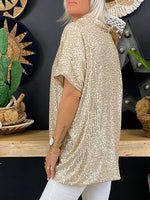 Full Size Sequin V-Neck Short Sleeve Top - Ladyez