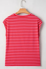 Stripe Ribbed Cap Sleeve Round Neck T Shirt