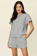 Double Take Full Size Texture Short Sleeve T-Shirt and Drawstring Shorts Set - Ladyez
