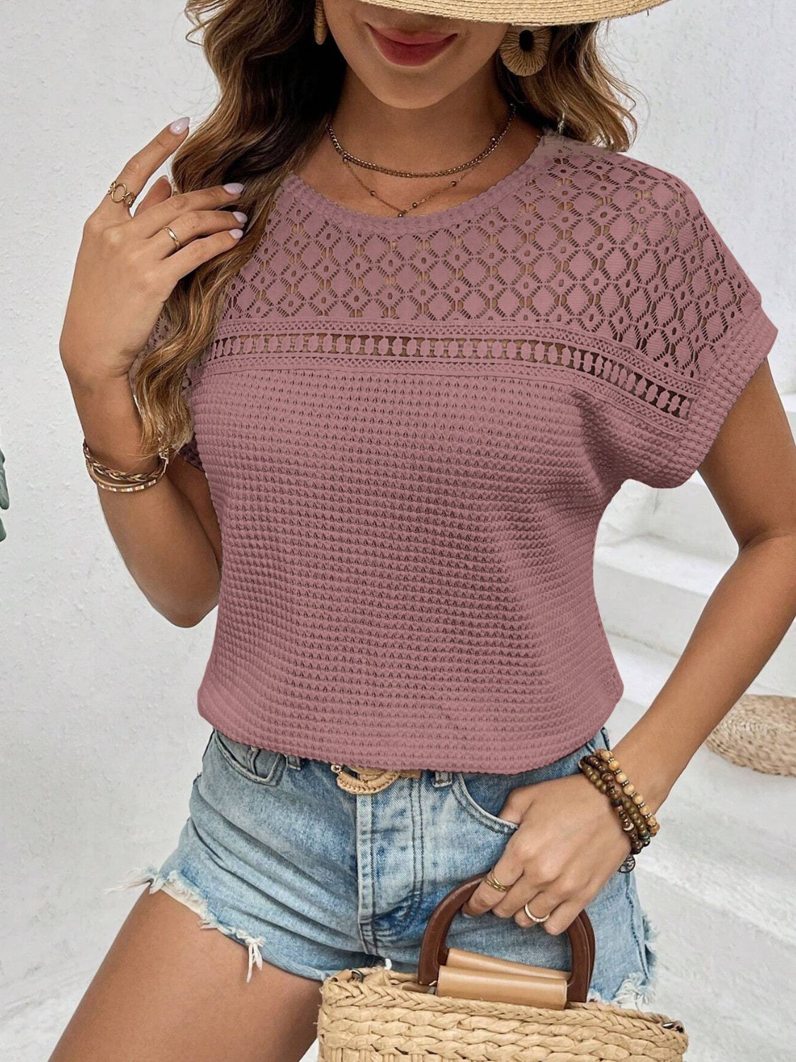 Waffle-Knit Round Neck Short Sleeve Top - Ladyez