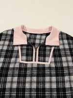 Plaid Polo Collar Zip up Contrast Trim Shift Long Sleeve Mini Dress