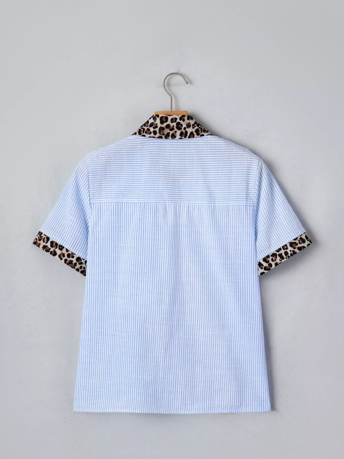 Stripe Leopard Contrast Collar Short Sleeve Shirt