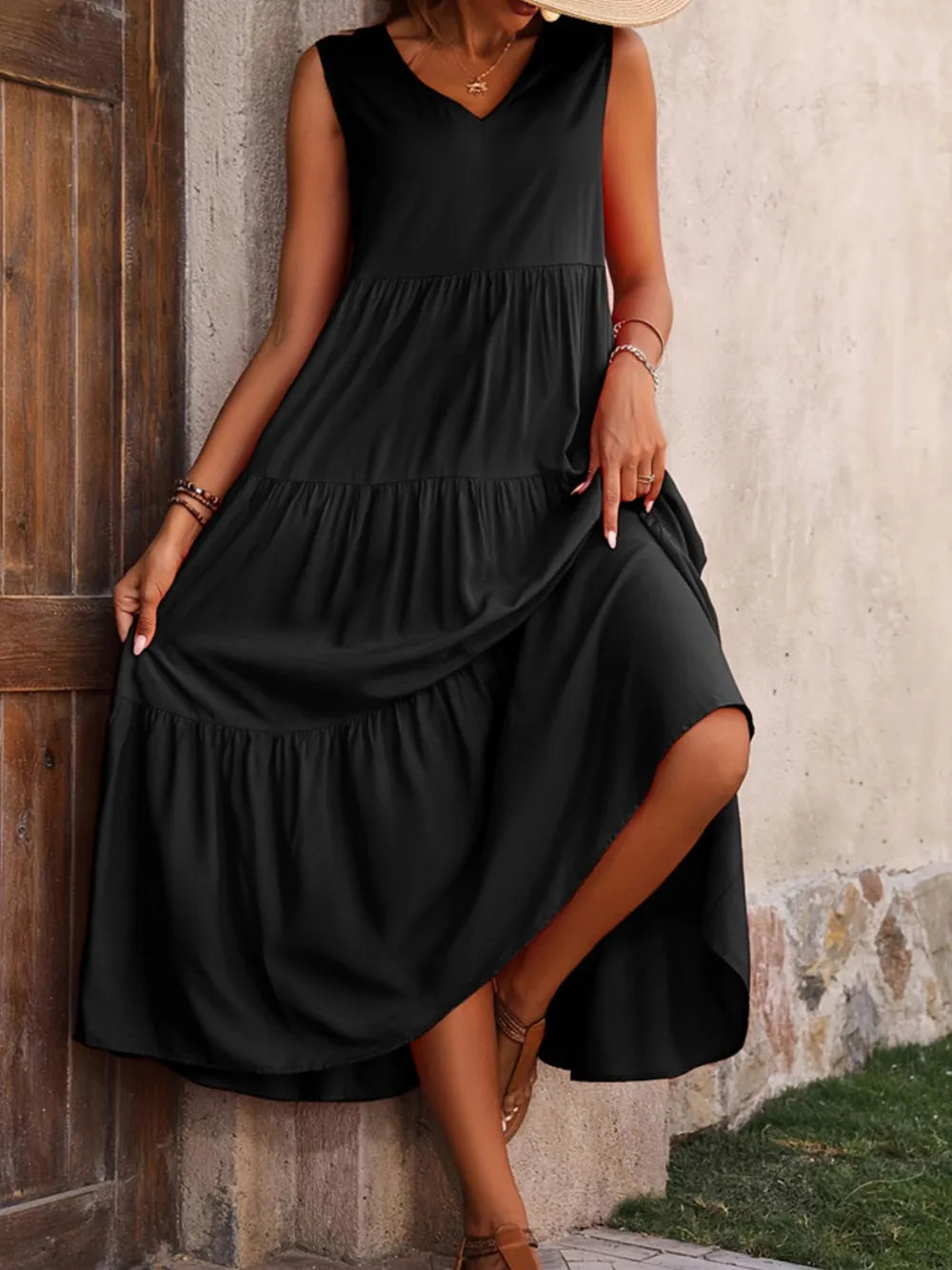 Tiered V-Neck Sleeveless Dress - Ladyez