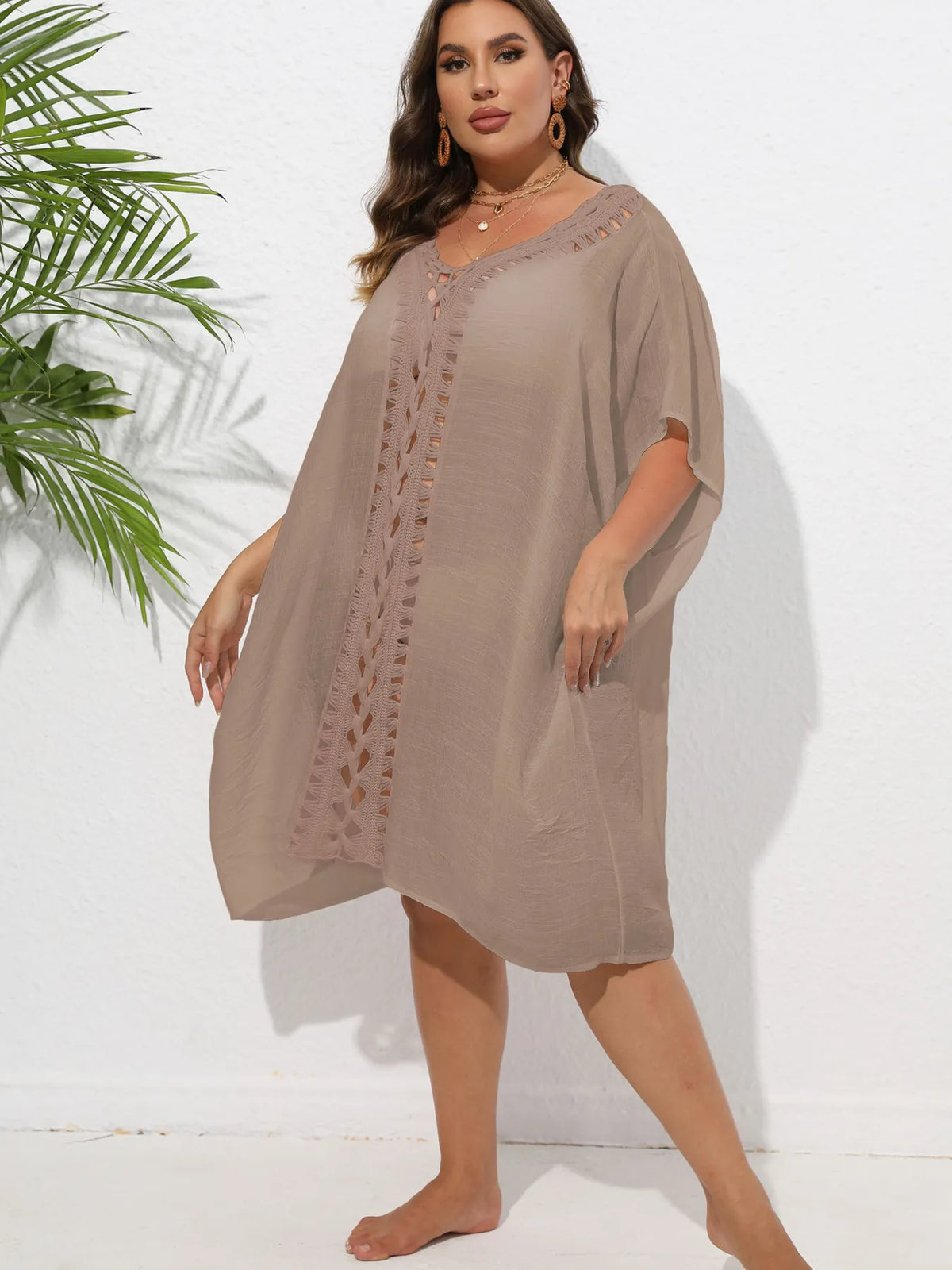 Crochet Trim V-Neck Beach Cover Up Dress - Ladyez