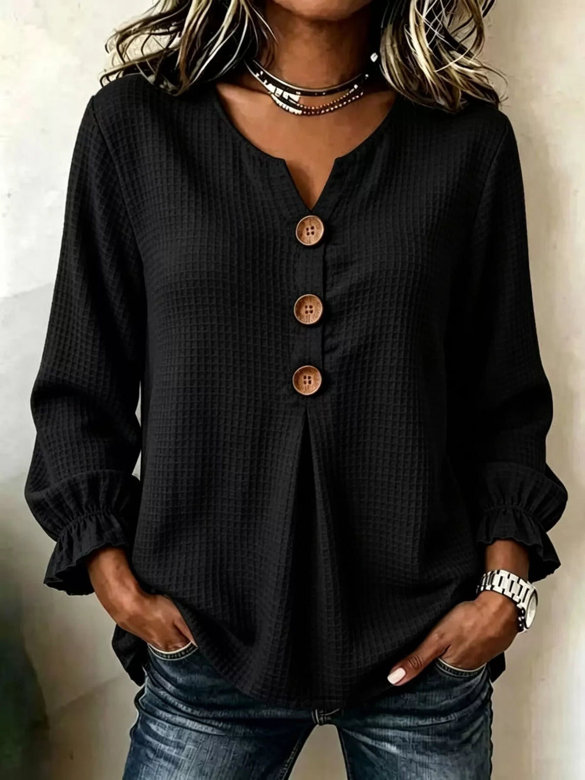Waffle Knit Long Sleeve Top