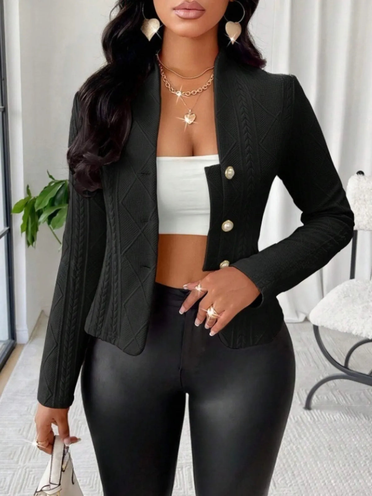 Textured Button Up Long Sleeve Jacket