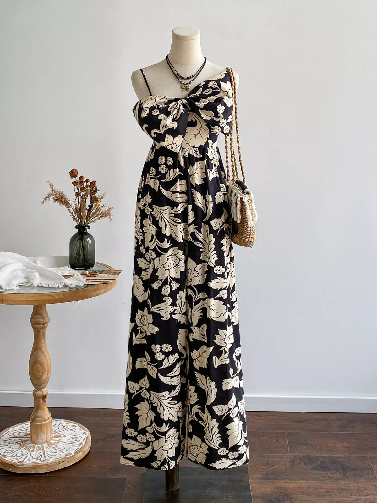 Floral Print Bowknot Wide Leg Jumpsuit