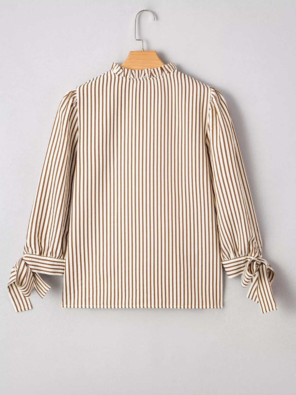 Striped Ruffled Neck Blouse with Tie Sleeves