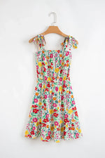 Floral Knotted Straps Cinched Waist Ruffle Hem Mini Dress
